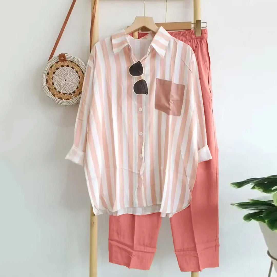Casual Blouse and Trousers Set in Light Fabric – Noémie-Pink-S-State of Style