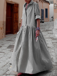 Casual Checked Swing Dress with Long Sleeves - Sofie-Black-S-State of Style