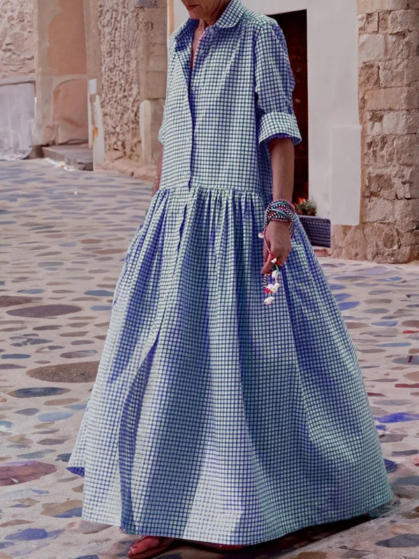 Casual Checked Swing Dress with Long Sleeves - Sofie-Blue-S-State of Style