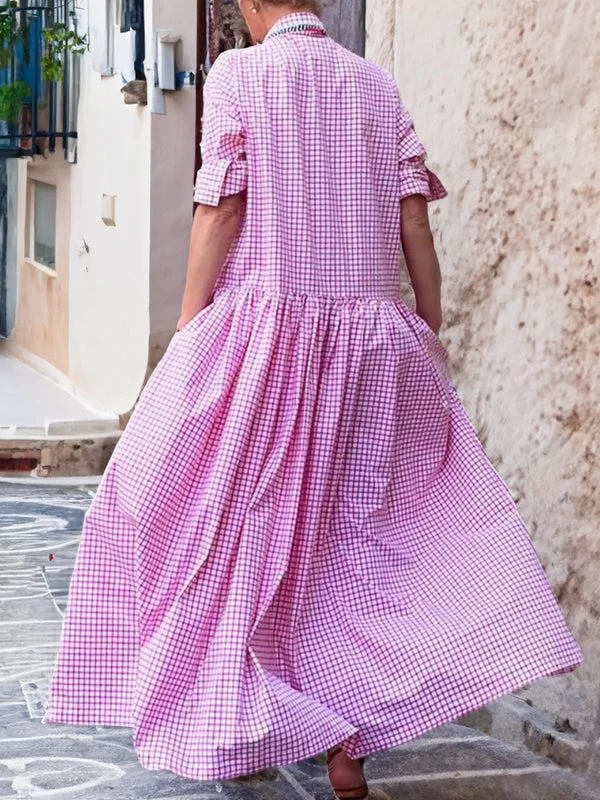 Casual Checked Swing Dress with Long Sleeves - Sofie-Pink-S-State of Style