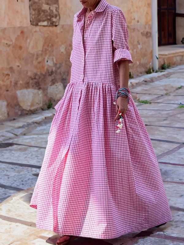 Casual Checked Swing Dress with Long Sleeves - Sofie-Pink-S-State of Style
