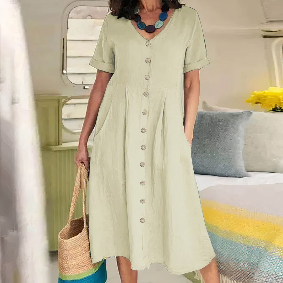 Casual Cotton-Linen Summer Dress – Noor-Beige-S-State of Style