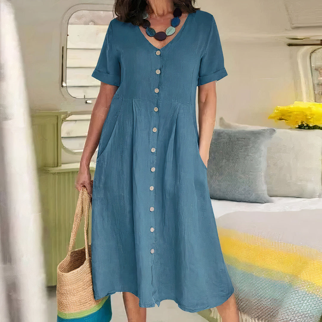 Casual Cotton-Linen Summer Dress – Noor-Blue-S-State of Style