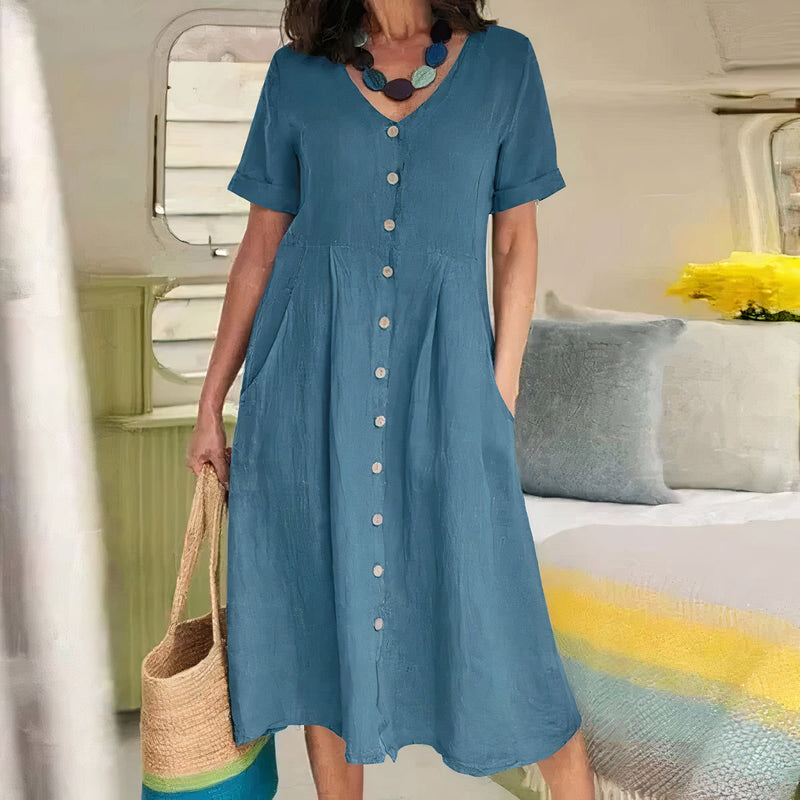 Casual Cotton-Linen Summer Dress – Noor-Blue-S-State of Style