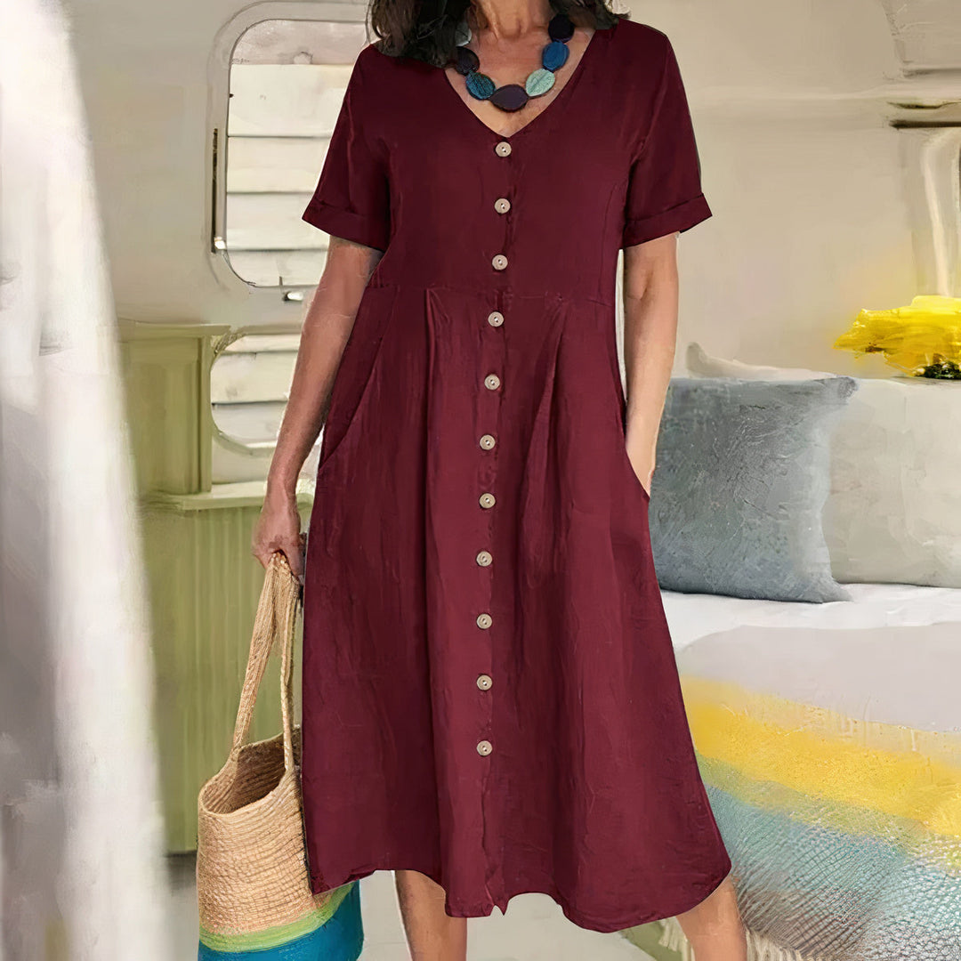 Casual Cotton-Linen Summer Dress – Noor-Burgundy red-S-State of Style