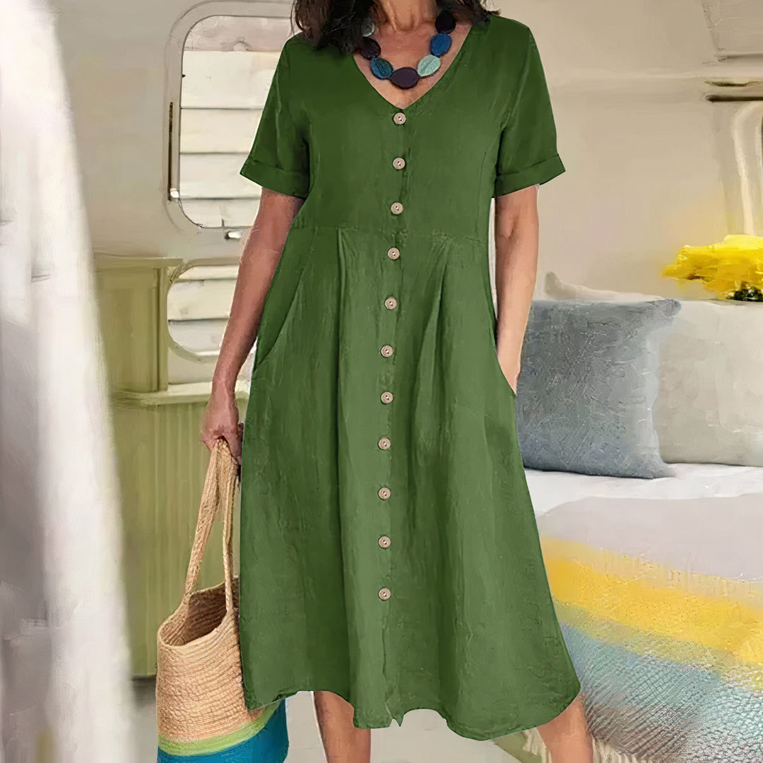 Casual Cotton-Linen Summer Dress – Noor-Green-S-State of Style