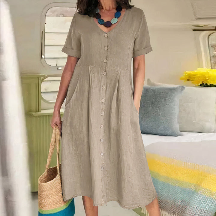 Casual Cotton-Linen Summer Dress – Noor-Khaki-S-State of Style