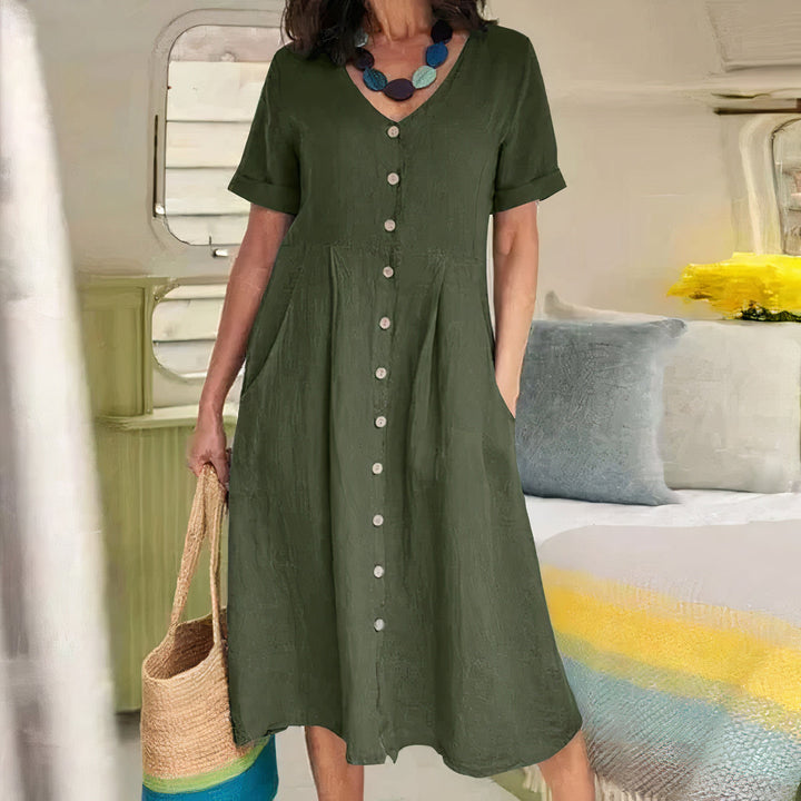 Casual Cotton-Linen Summer Dress – Noor-Olive green-S-State of Style