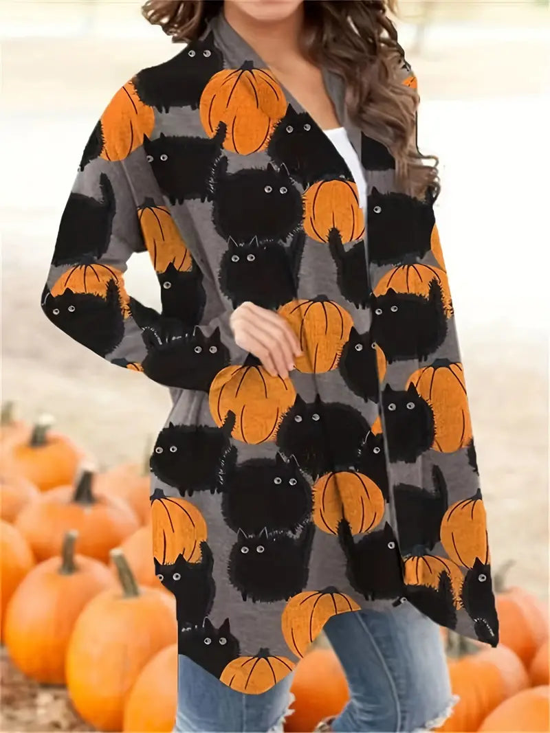 Casual Halloween Pumpkin Women's Cardigan - Luna-Multicolour-S-State of Style