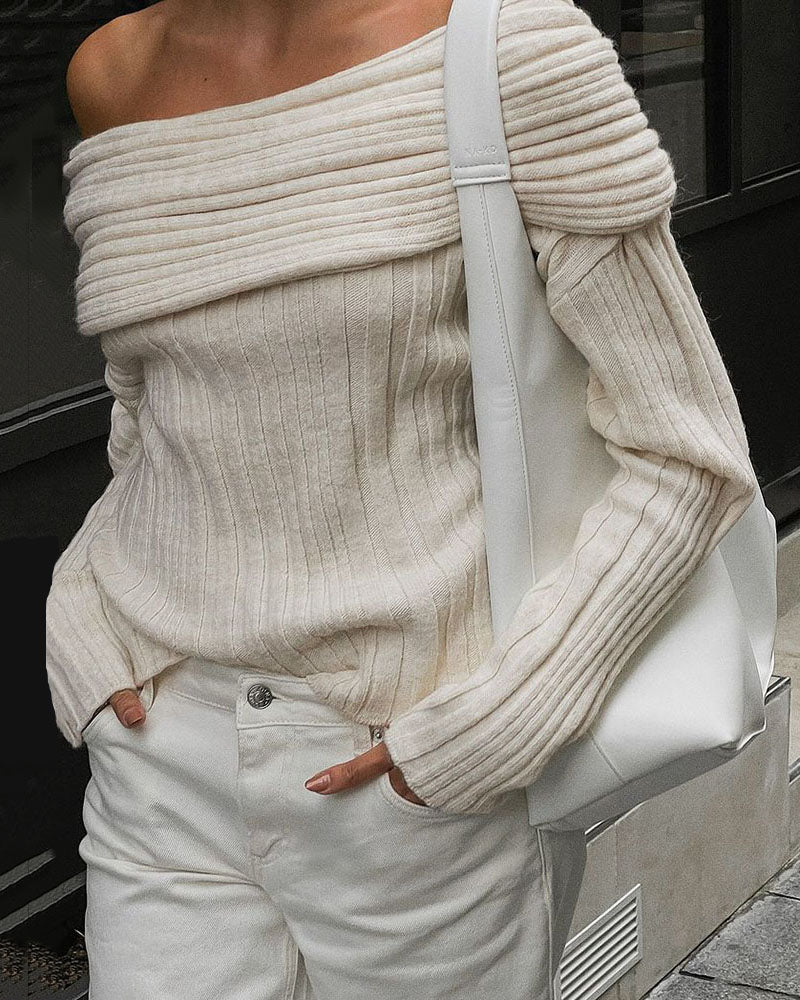 Casual Knitted Sweater with One Shoulder - LuxeOne-White-State of Style