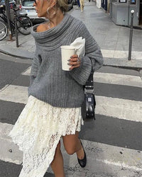 Casual Knitted Sweater with One Shoulder - LuxeOne-White-State of Style