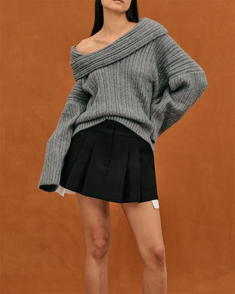 Casual Knitted Sweater with One Shoulder - LuxeOne-White-State of Style