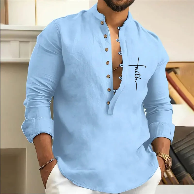 Casual Loose-Fit Printed Long Sleeve Shirt for Men in Plus Size-Blue-2XL-State of Style