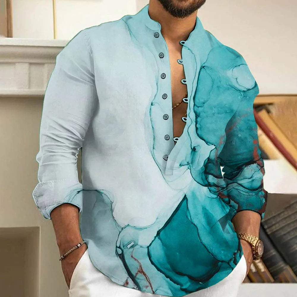 Casual Loose-Fit Printed Long Sleeve Shirt for Men in Plus Size-Blue-Green-2XL-State of Style