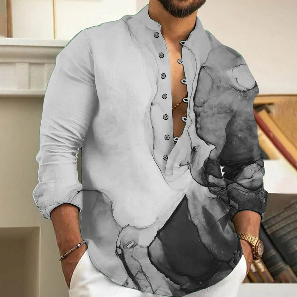 Casual Loose-Fit Printed Long Sleeve Shirt for Men in Plus Size-Grey-2XL-State of Style