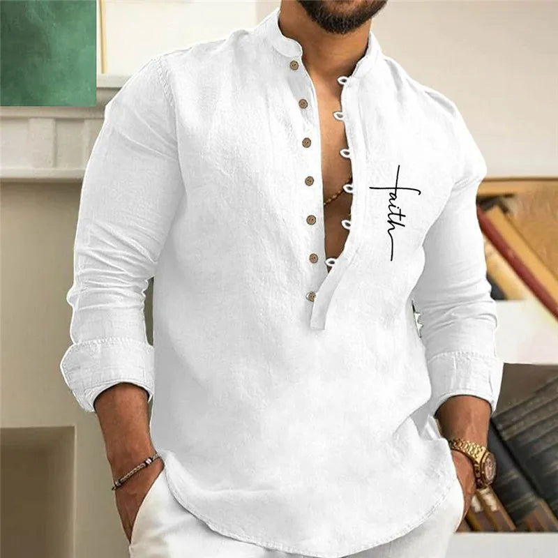 Casual Loose-Fit Printed Long Sleeve Shirt for Men in Plus Size-White-2XL-State of Style