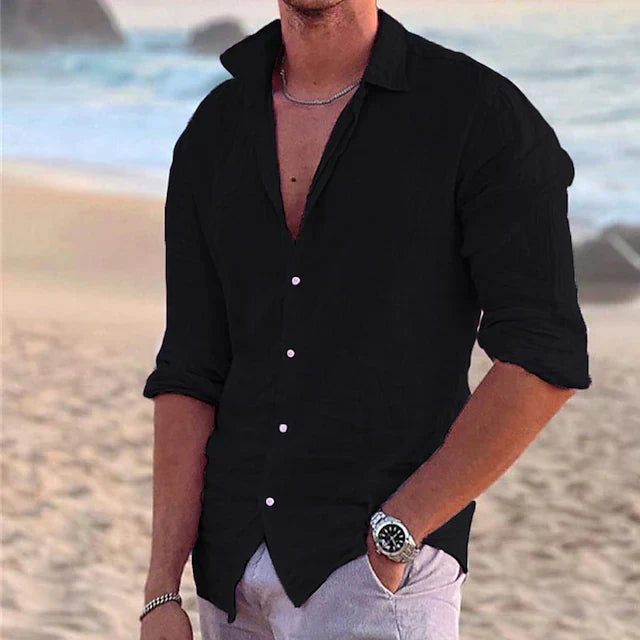 Casual men's linen shirt with long sleeves – Milan-Black-S-State of Style