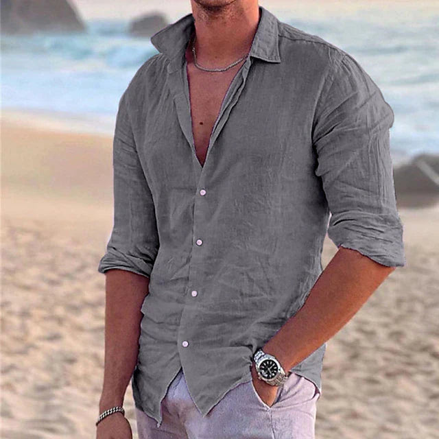 Casual men's linen shirt with long sleeves – Milan-Gray-S-State of Style
