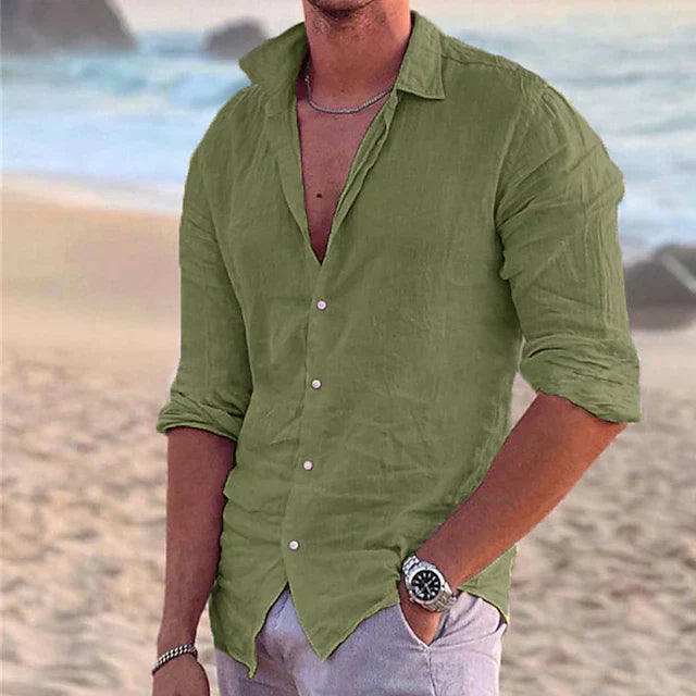 Casual men's linen shirt with long sleeves – Milan-Green-S-State of Style