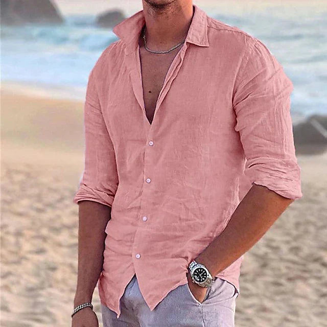 Casual men's linen shirt with long sleeves – Milan-Pink-S-State of Style