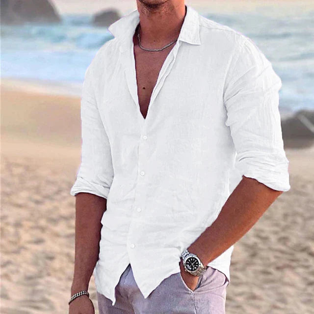 Casual men's linen shirt with long sleeves – Milan-White-S-State of Style