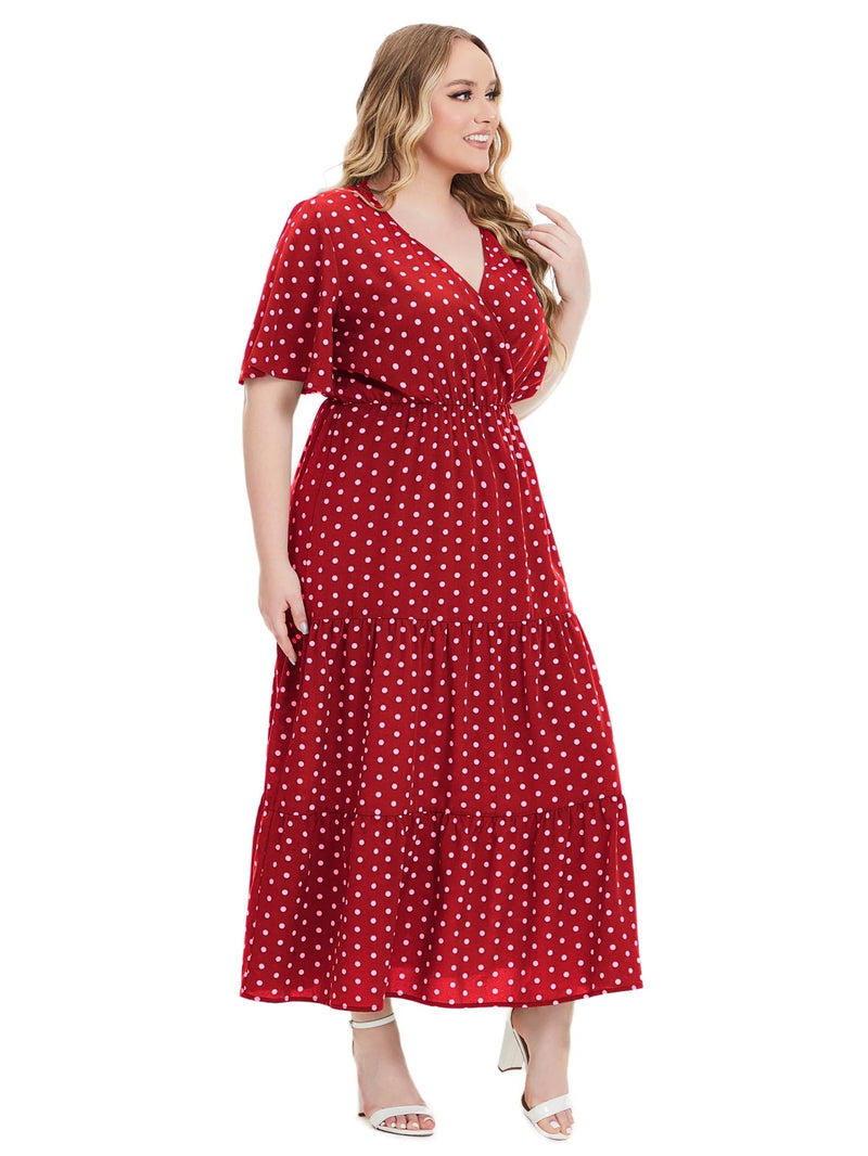 Casual Plus Size V-Neck Short Sleeve Dress-Blue-2XL-State of Style