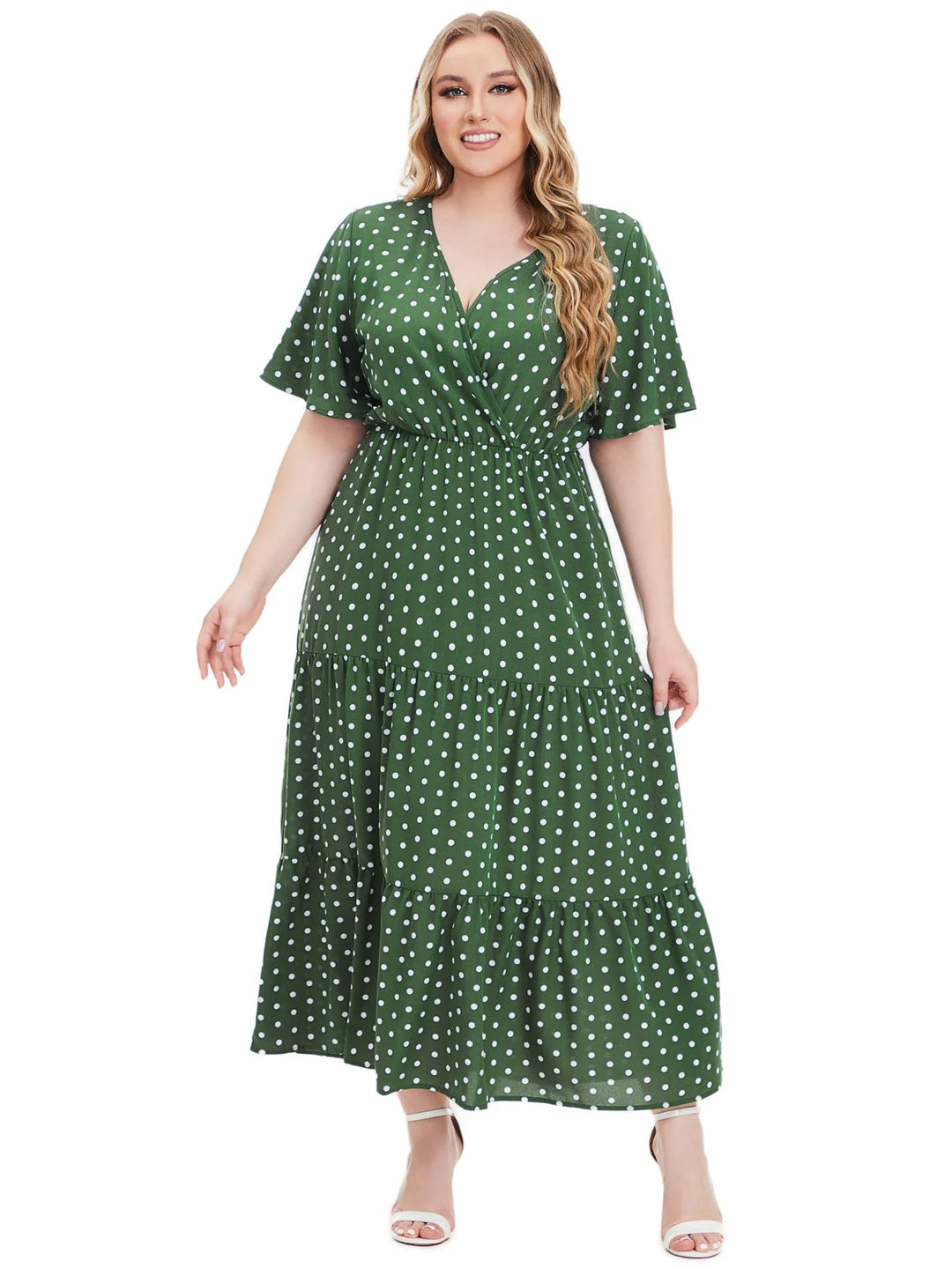 Casual Plus Size V-Neck Short Sleeve Dress-Green-2XL-State of Style