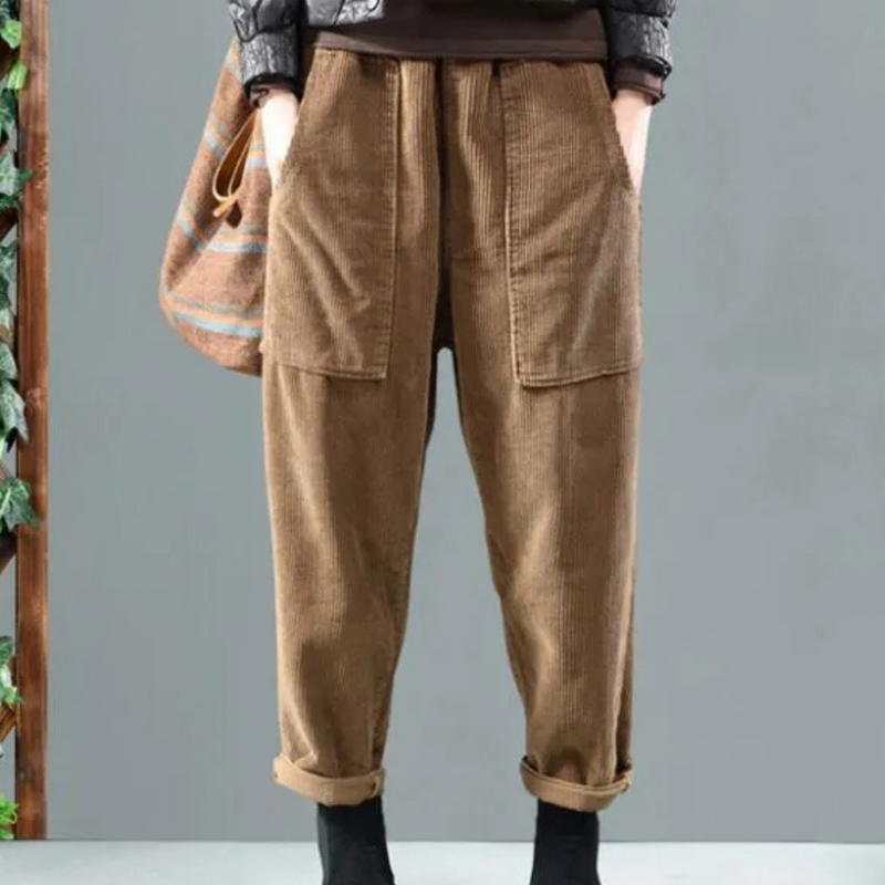 Casual Ribbed Velvet Trousers for Women - Marlowe-Khaki-XS-State of Style