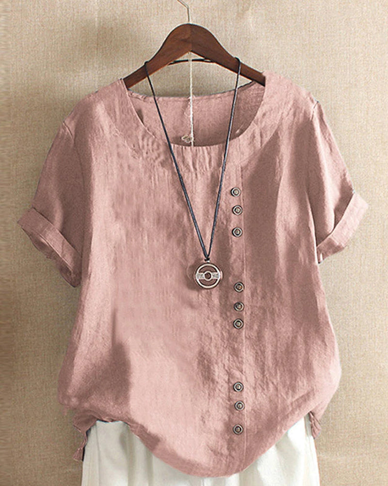 Casual Short Sleeve Blouse with Round Neck - Nora-Pink-S-State of Style