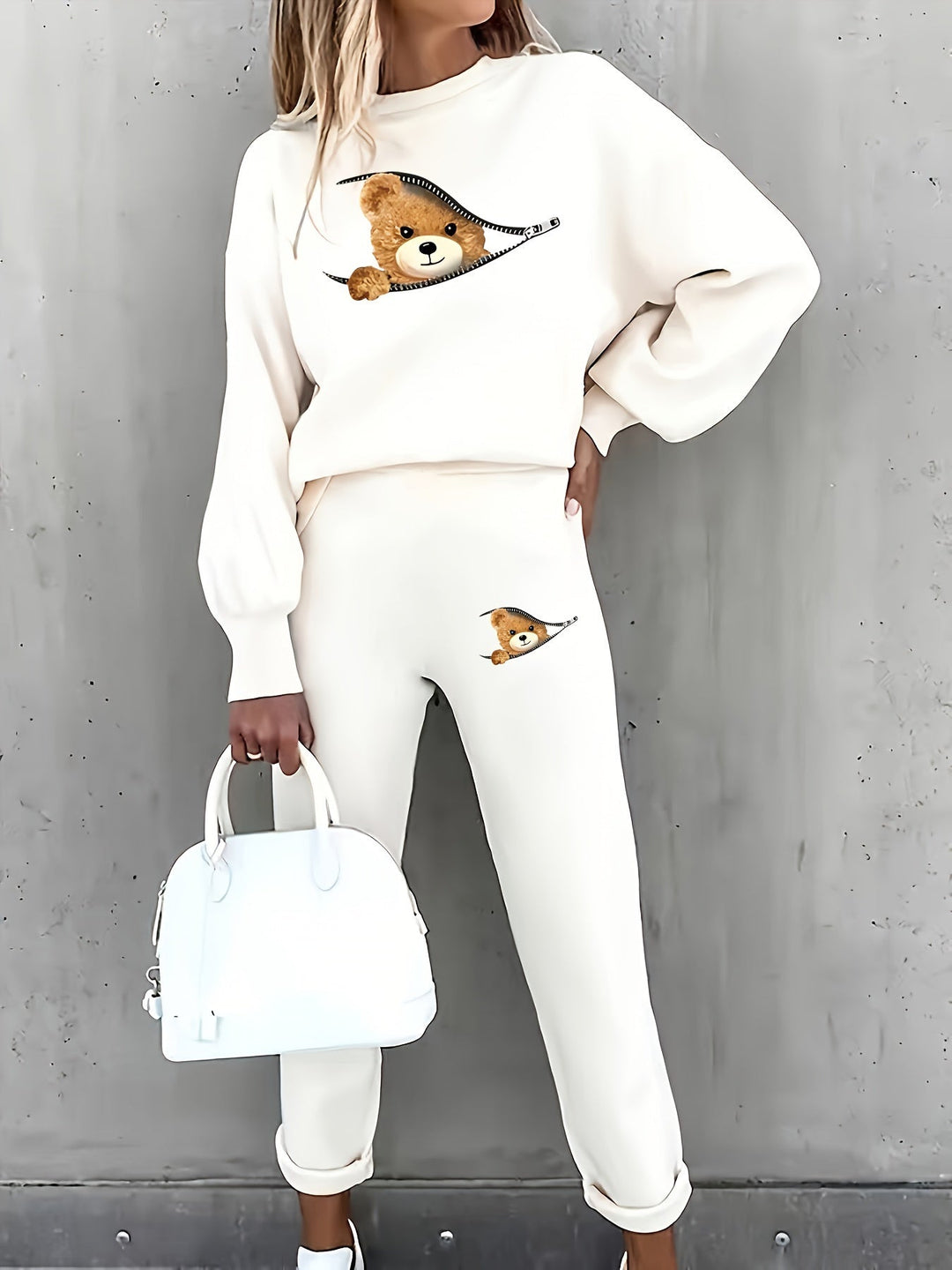 Casual Two-Piece Outfit with Cute Bear Print - Mila-White-S-State of Style
