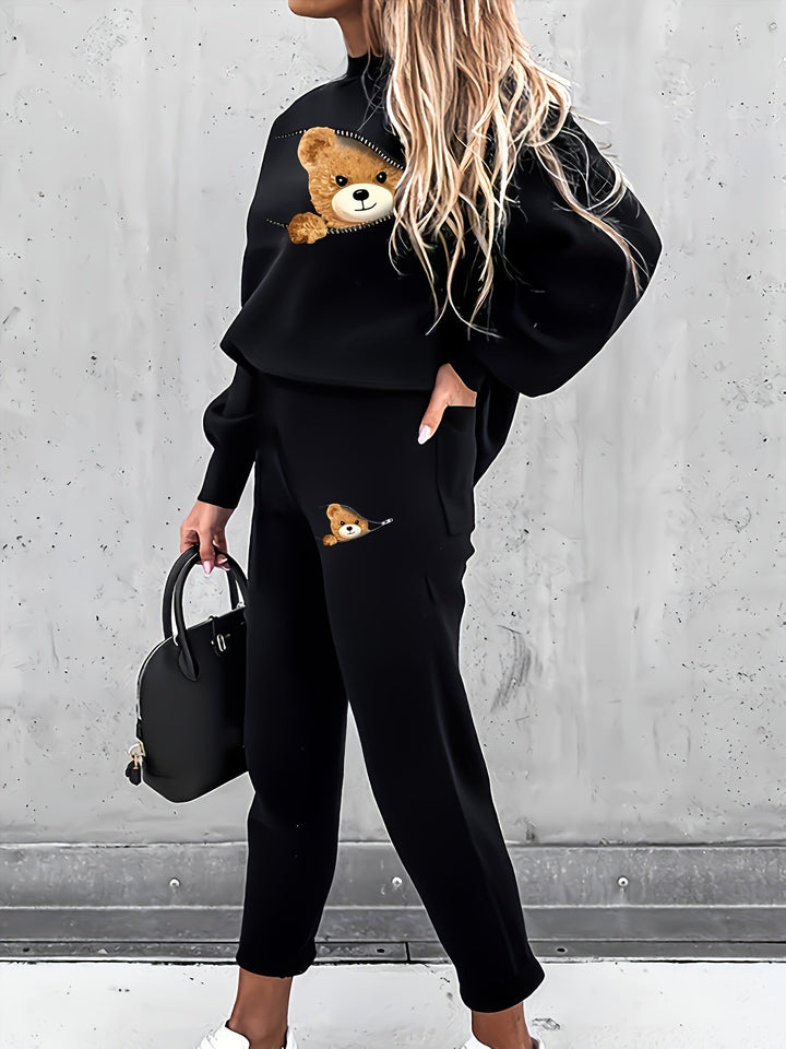 Casual Two-Piece Outfit with Cute Bear Print - Mila-White-S-State of Style