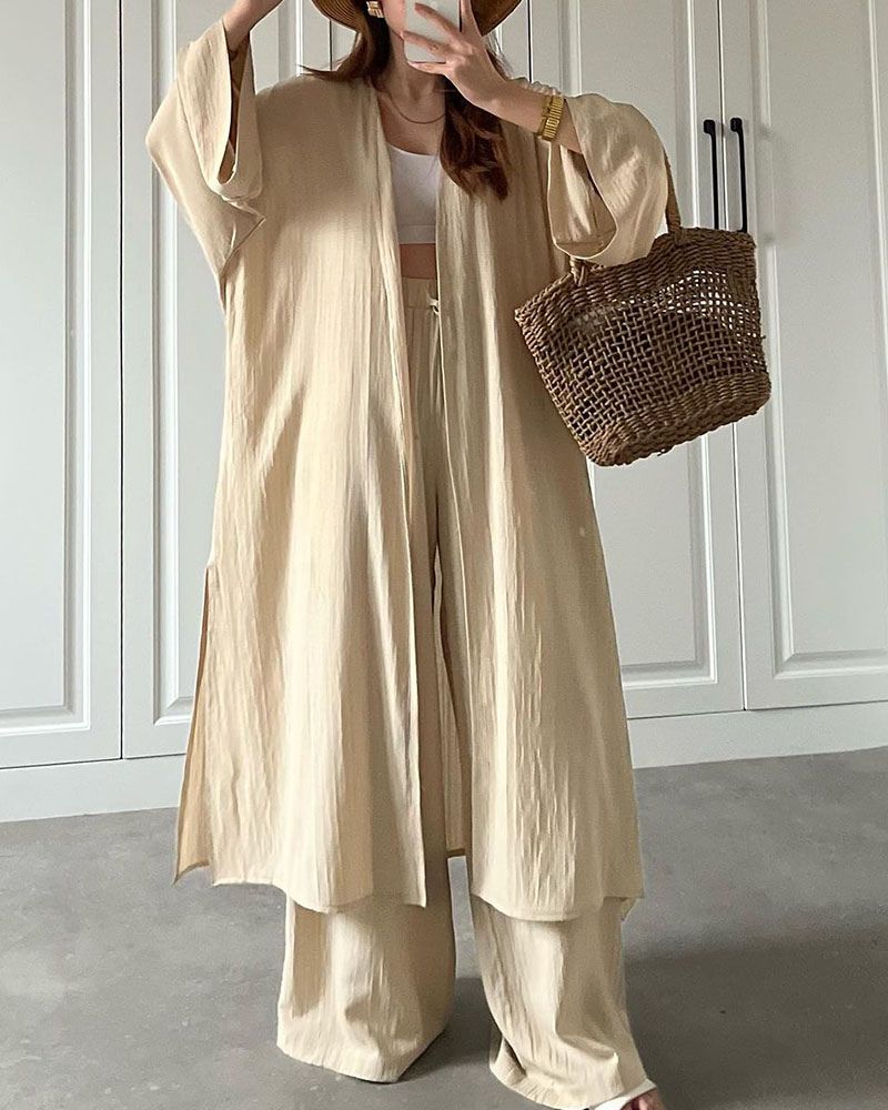 Casual two-piece set for women with vest and trousers – Thalia-Khaki-S-State of Style