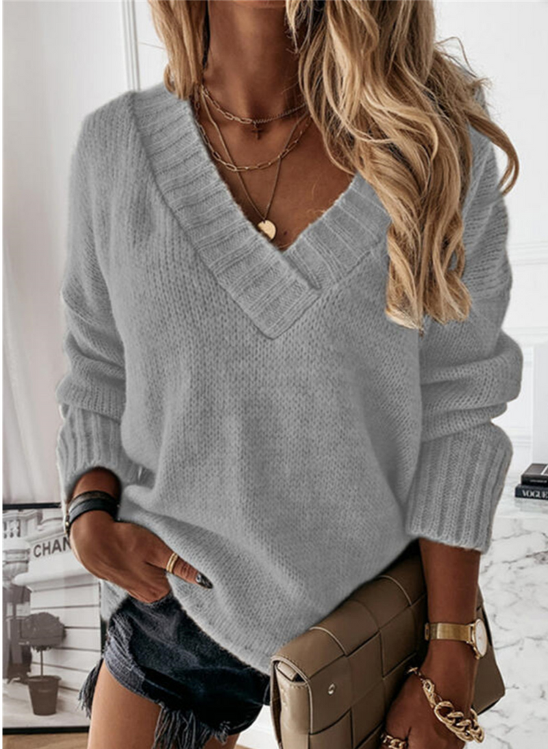 Casual V-Neck Knitted Sweater - Layla-Grey-S-State of Style