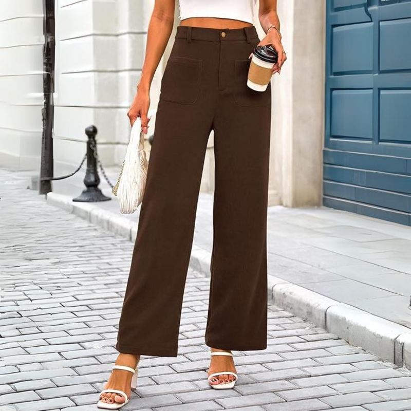 Casual Wide Palazzo Trousers with High Waist and Pockets - Clarissa-Khaki-XS-State of Style