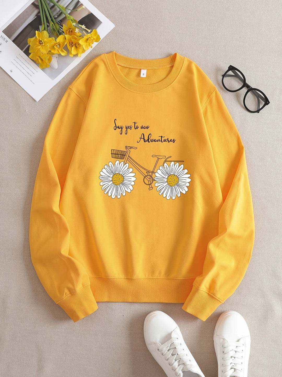 Casual Yellow Sweatshirt with Humorous Graphic Print - Elara-S-State of Style