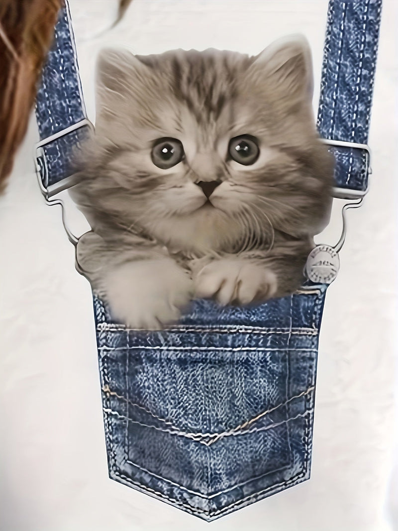 Cat Print T-Shirt with Trendy Color Block Details - Celeste-S-State of Style