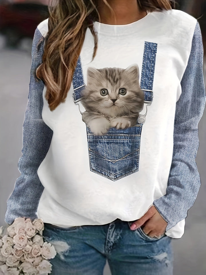 Cat Print T-Shirt with Trendy Color Block Details - Celeste-S-State of Style