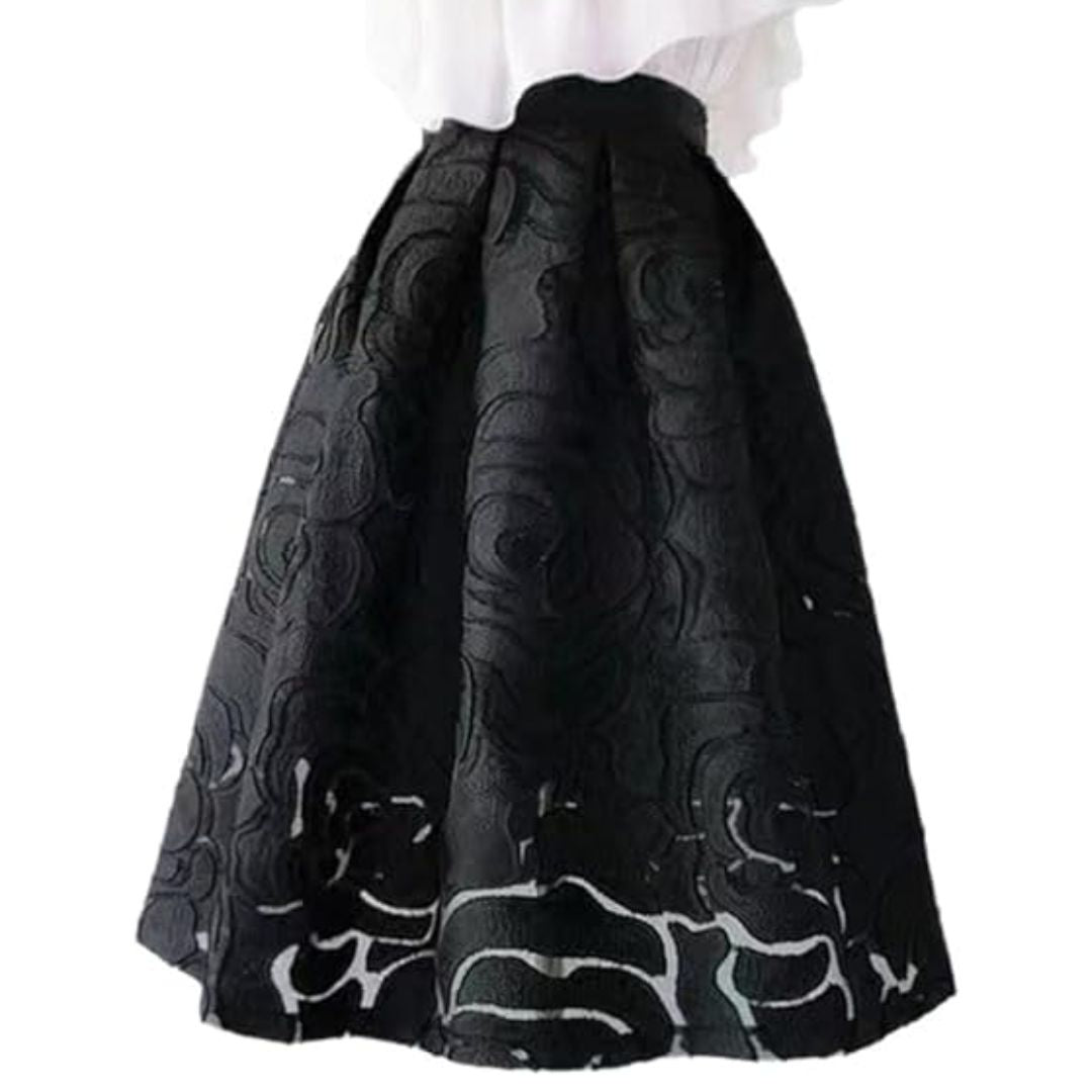 Celine Traditional Skirt – High-Waisted Jacquard A-Line Midi Skirt-Black-S-State of Style