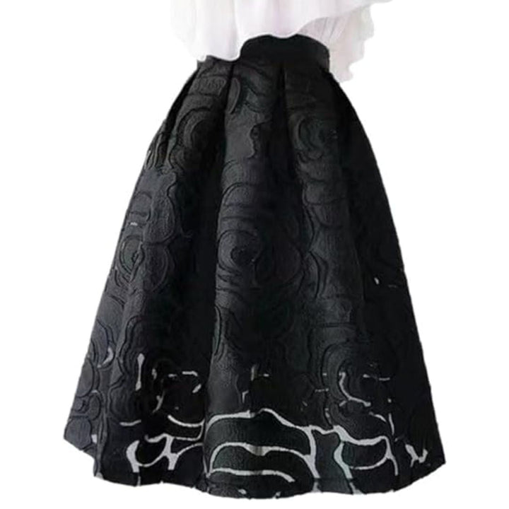 Celine Traditional Skirt – High-Waisted Jacquard A-Line Midi Skirt-Black-S-State of Style