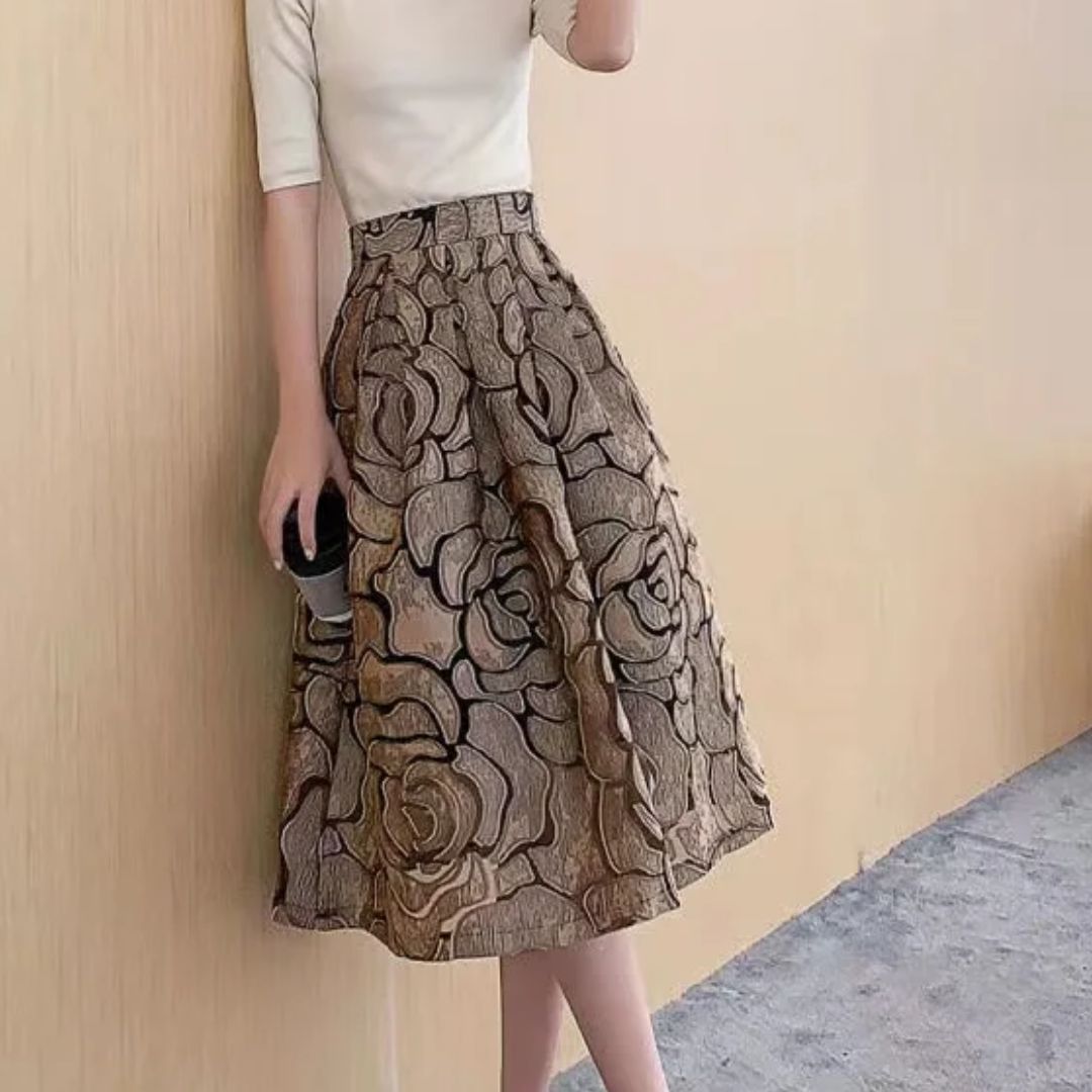 Celine Traditional Skirt – High-Waisted Jacquard A-Line Midi Skirt-Gold-S-State of Style
