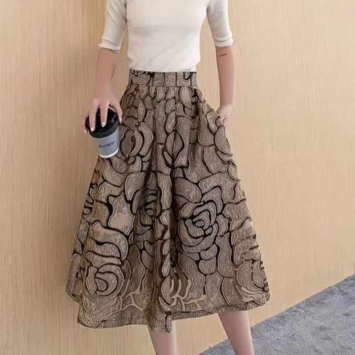 Celine Traditional Skirt – High-Waisted Jacquard A-Line Midi Skirt-Gold-S-State of Style