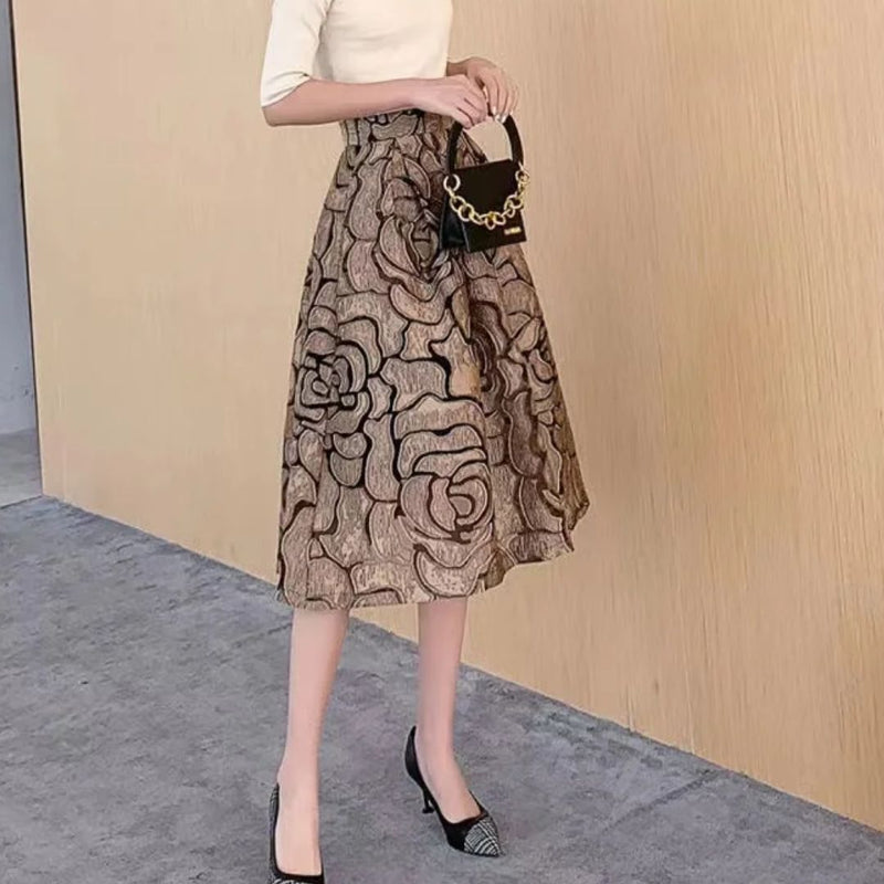 Celine Traditional Skirt – High-Waisted Jacquard A-Line Midi Skirt-Gold-S-State of Style