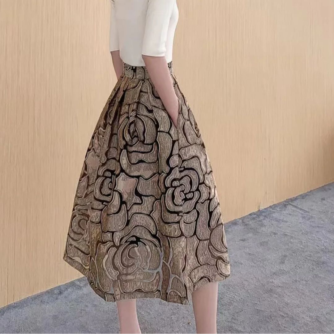 Celine Traditional Skirt – High-Waisted Jacquard A-Line Midi Skirt-Gold-S-State of Style