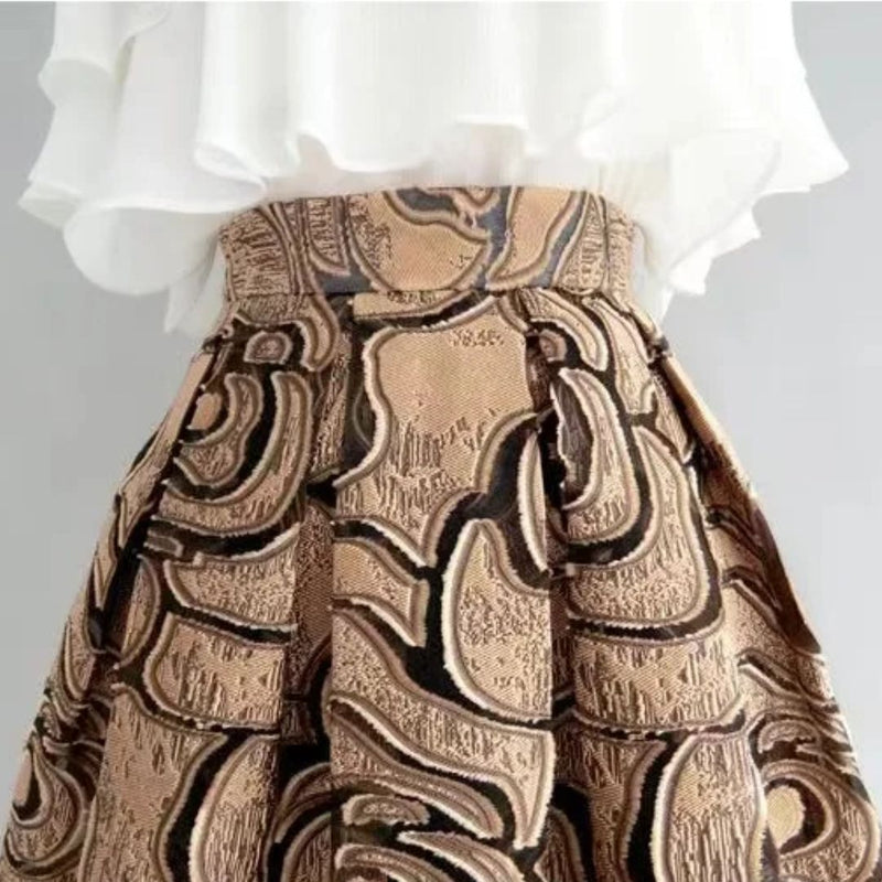 Celine Traditional Skirt – High-Waisted Jacquard A-Line Midi Skirt-Gold-S-State of Style