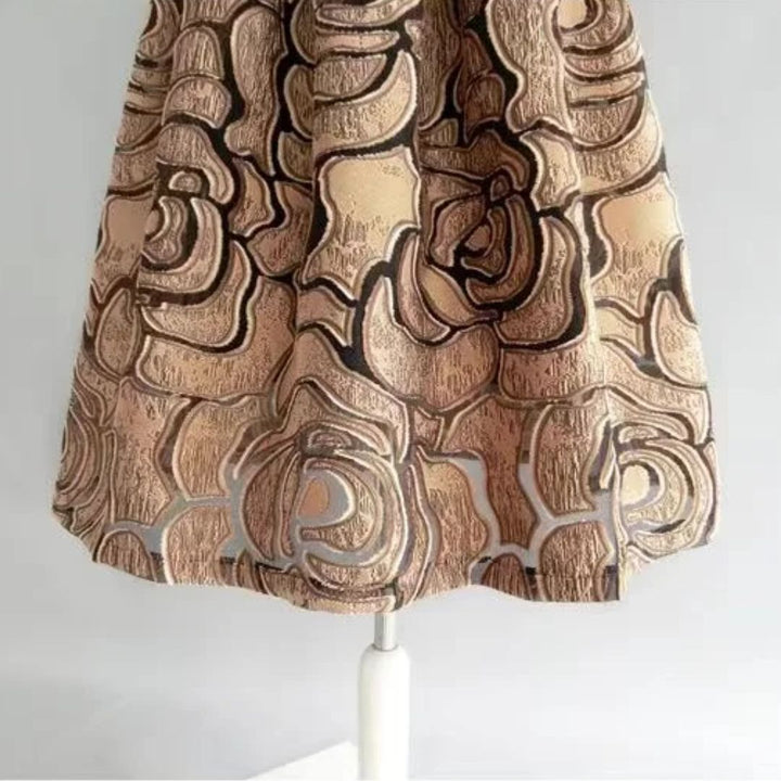 Celine Traditional Skirt – High-Waisted Jacquard A-Line Midi Skirt-Gold-S-State of Style