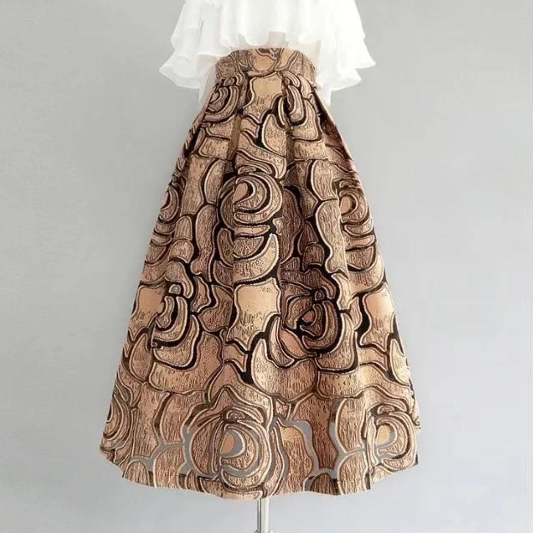 Celine Traditional Skirt – High-Waisted Jacquard A-Line Midi Skirt-Gold-S-State of Style