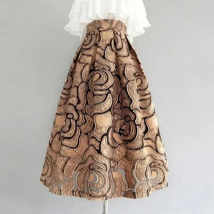 Celine Traditional Skirt – High-Waisted Jacquard A-Line Midi Skirt-Gold-S-State of Style