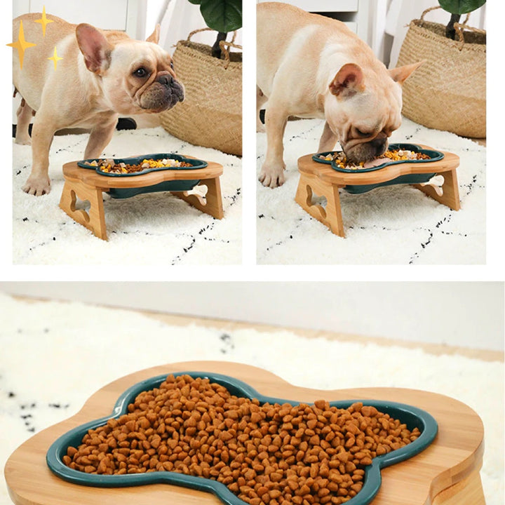 Ceramic Dog Food Bowl with Wooden Stand - BoneFeast-Green-State of Style
