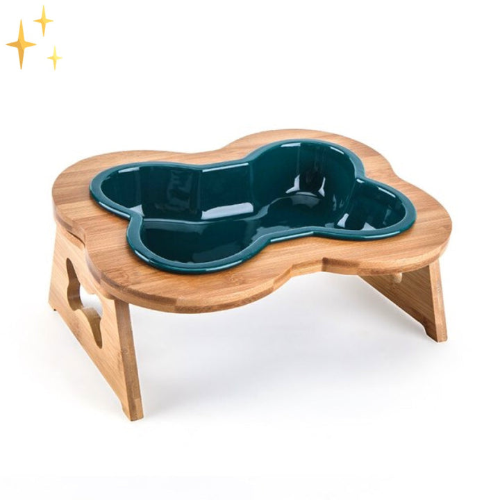 Ceramic Dog Food Bowl with Wooden Stand - BoneFeast-Green-State of Style