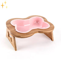 Ceramic Dog Food Bowl with Wooden Stand - BoneFeast-Pink-State of Style